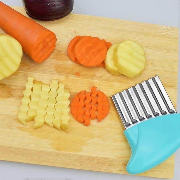 Potetchipser i rustfritt stål med bølgeformet blad, chipskutter, krøllete skiver, grønnsakskutter, blå