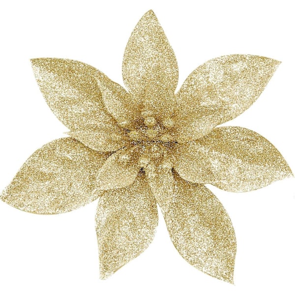 10 stk. Glitter Juleblomster med Kunstige Julestjerner Juletræsblomster Juletræspynt (Guld, 15CM)
