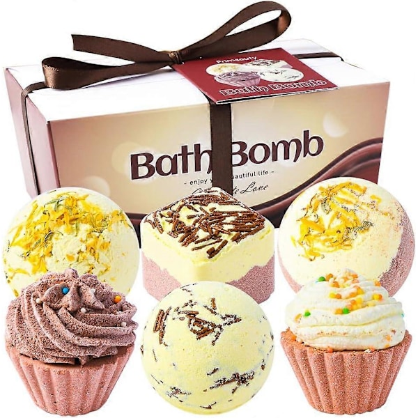 6 Stykker Spa Badebombe Fizzies med Eteriske Oljer for Kvinner og Jenter, Cupcake & Hjerte Design, for Jul, Bursdag, Gaver Brun