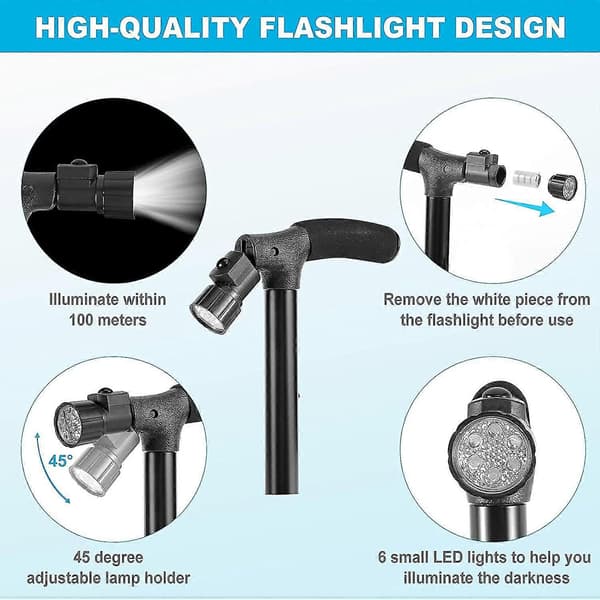 Foldbar Stok med LED-lys, Teleskopisk Stok, Stabil Base