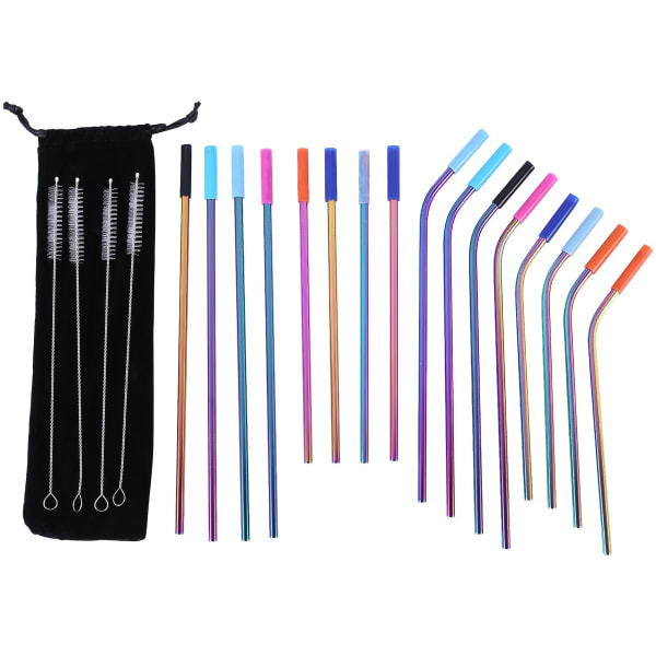 16 Pack Rainbow Color uudelleenkäytettävät metallipillit silikonikärjellä Värilliset pitkät ruostumattomasta teräksestä valmistetut pillit D