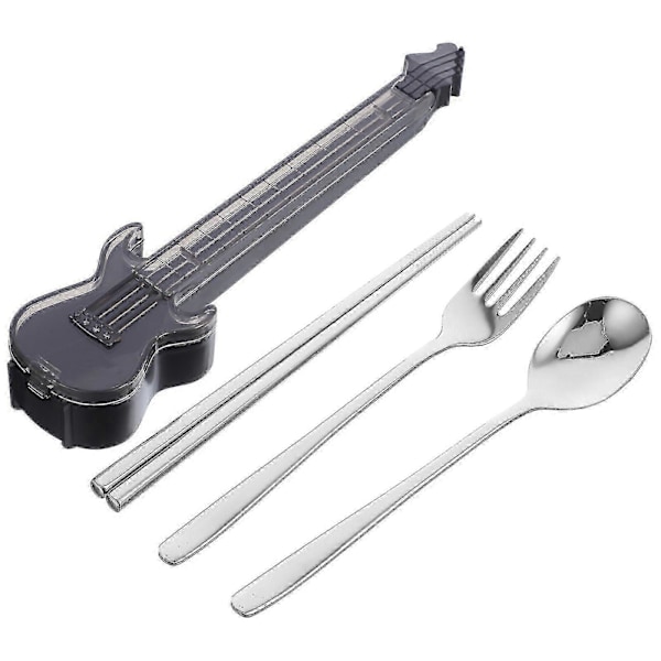 1 Set Sked, Ätpinnar Och Gaffel Set för Lunch Bärbar Gitarrformad Låda Bestickset Resebestick