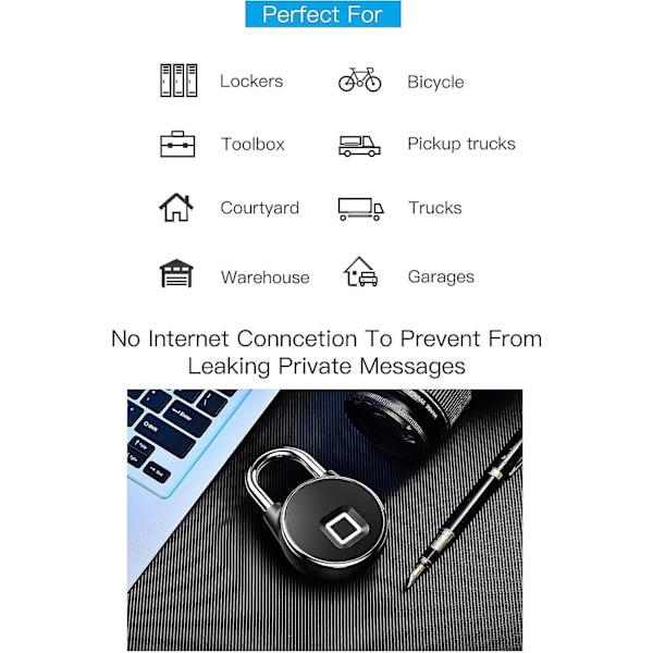 Fingeraftryk Vandtæt Nøglefri Bluetooth Smart Hænglås, Tyverisikker Sikkerhedshænglås Til Dør, Taske, Skuffe, Kuffert