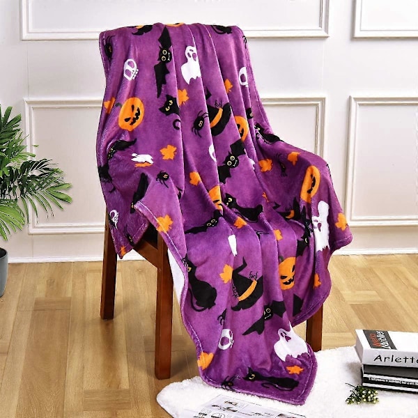 Halloween Pumpa Lila Spöke Fladdermus Spöke Katt Mysig Mjuk Plysch Varm Filt För Säng Soffa Vardagsrum Soffa Stol 75cm*100cm