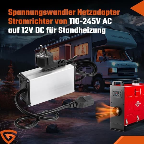 240V til 12V AC/DC strømadapter, strømtransformator til 5-8kW diesel varmluftvarmer til campingvogne, europæisk stik.