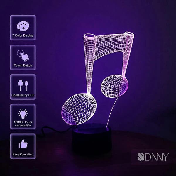 SBSG Musiknode 3D Illusion LED Natlampe Skrivebordslampe 3D Optisk Illusion Visualisering LED Natlamper Bordlampe 7 Farver Multifarvet USB Strøm til