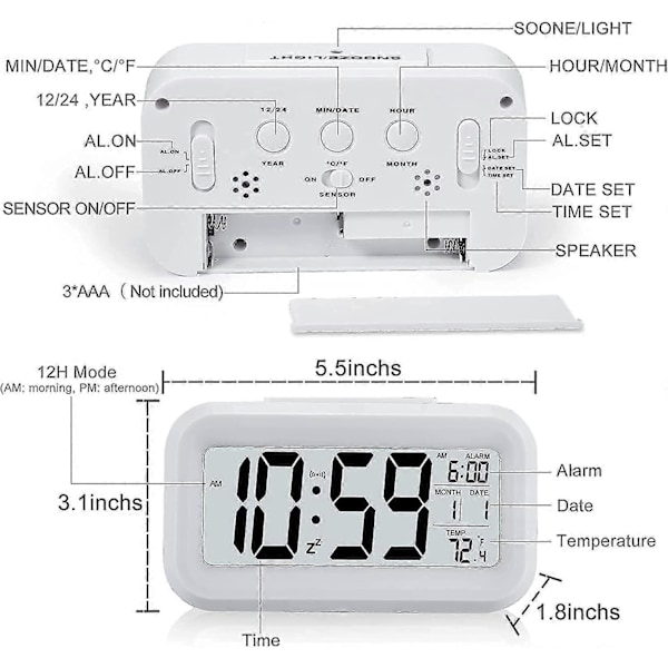 Digital Väckarklocka Morgon, tyst Batteridriven Stor LED-Display Temperatur Kalender (vit)