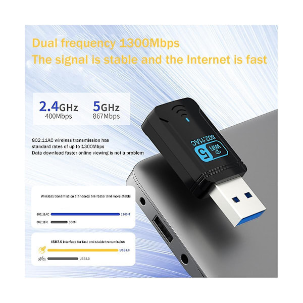 1300 Mbps Wifi-adapter USB Trådløst nettverkskort Dobbeltbånd 2.4 GHz 5 GHz USB3.0 Wifi-adapter for stasjonær PC