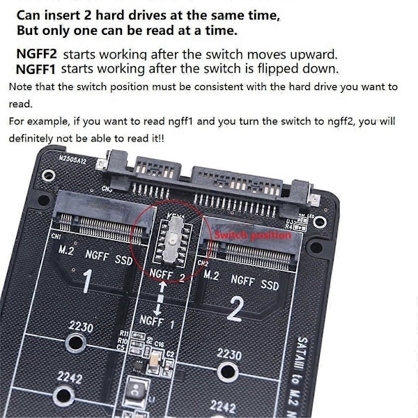 Dual NGFF - SATA-sovitin 2 porttia M.2 SATA SSD B-avaimella SATA3.0 6Gbps -muuntimelle 2230 2242 2260 2