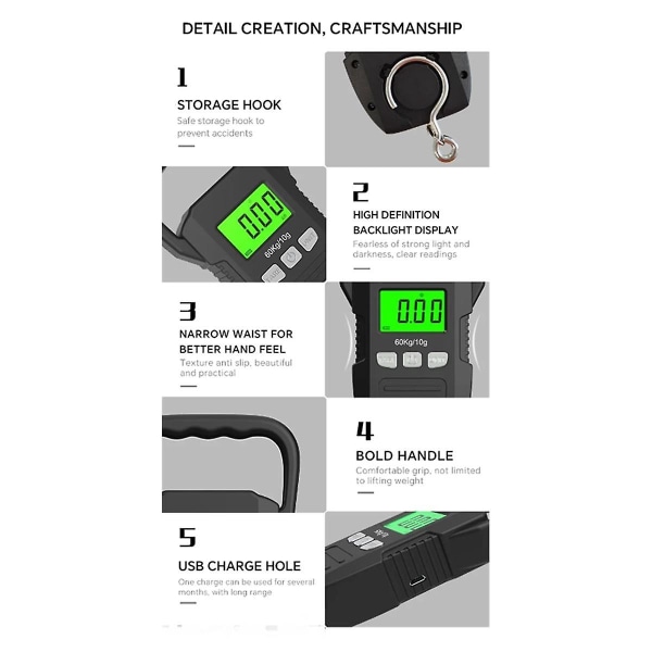 Sort 60kg/10g LCD Digital Hængende Vægt USB Genopladelig Kranvægt Kurér Bagage Hjemme Vægt