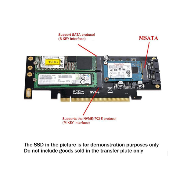 PCIe X16 - M.2 M-Key NVMe SSD -sovitin kortti PCIe X16 - M.2 B-Key SATA SSD -sovitin kortti mSATA SSD A