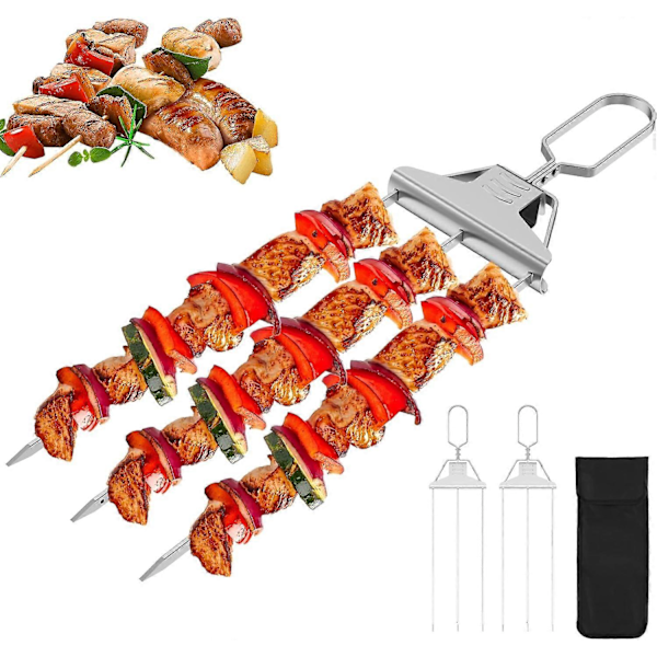 2 stk. 3-veis kabobspyd i rustfritt stål, grillspyd med oppbevaringspose, 3-grenet spyd