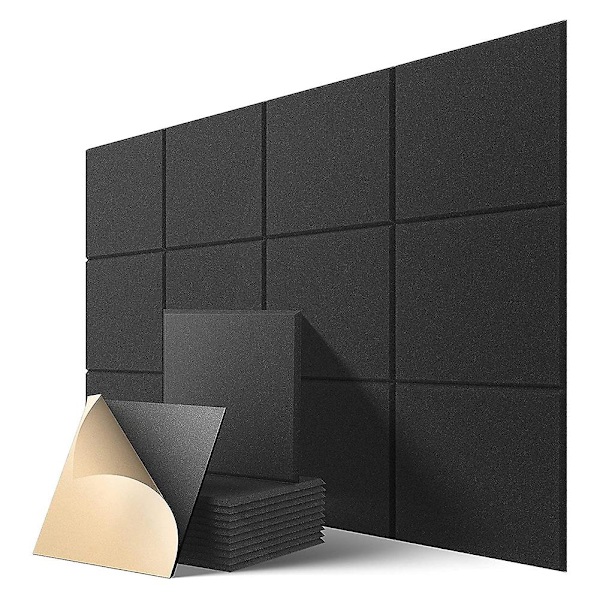 Selvklebende akustiske paneler 12-pakning, 12 x 12 x 0,4 tommers lydtette paneler, lydabsorberende paneler for hjem, svart
