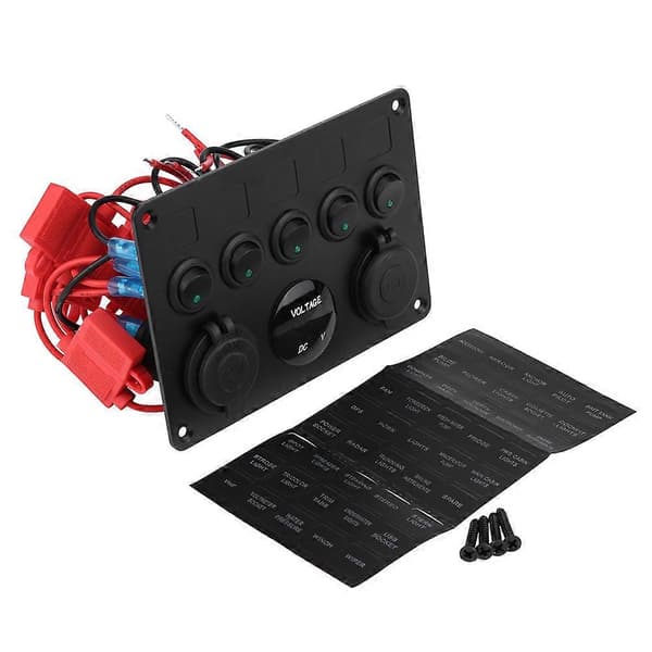 12-24V 5 Gang On/Off Vippekontaktpanel Dobbelt USB Voltmeter til Bil Båd Marine Lastbil Grøn LED