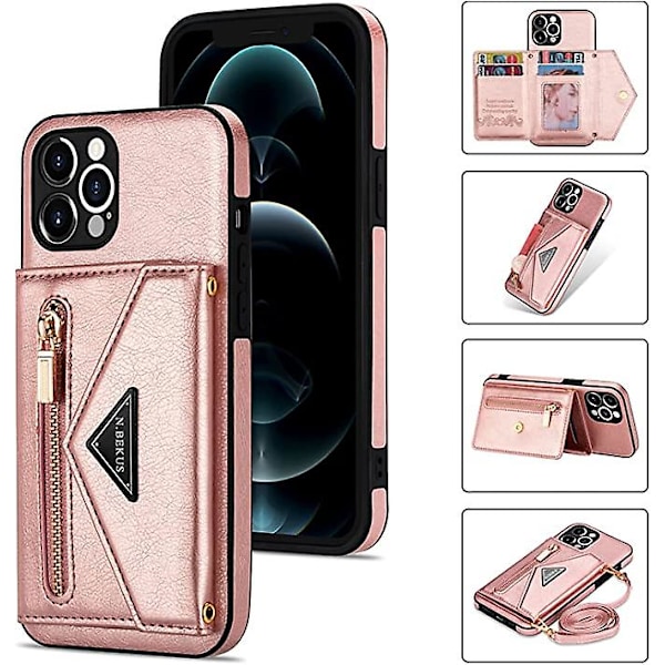 Pengepung til iPhone 12 Pro Max med Kæde, Kreditkortlomme, PU Læder Beskyttende Håndtaske Lynlås Pung Støttefod Cover