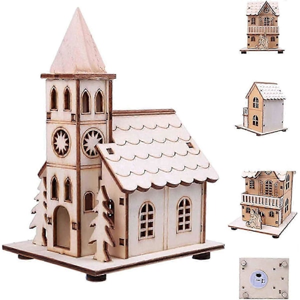 WJTG Nyt Rustikt LED Træ Kirke DIY Træ Julelandsby Scene Lysende sJ