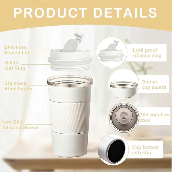 380ml Isolerad Kaffekopp med Läcksäkert Lock, Återanvändbara Kaffekoppar Resemugg, Rostfri Termosmugg för Varma och Kalla Drycker