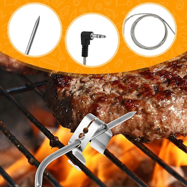 2 stk. BBQ Kødtermometer Probe Udskiftning med 2 Probe Clips, Rustfrit Stål