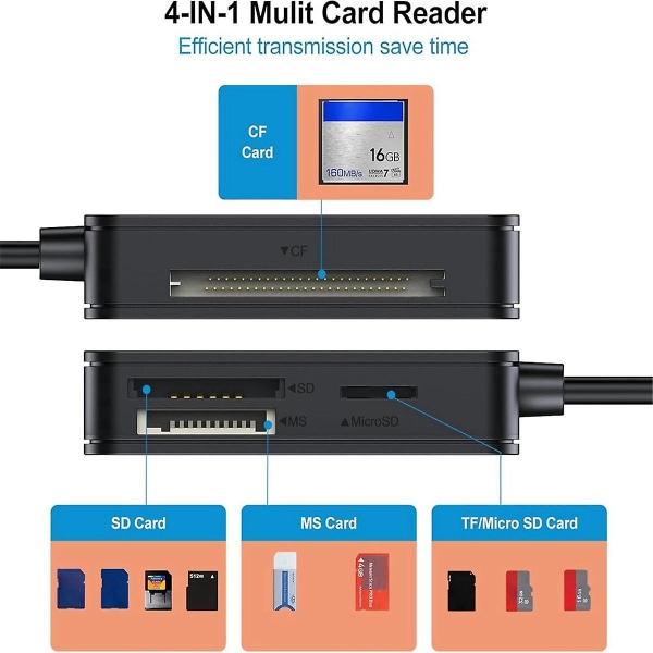 Läsare 4-i-1, Tf Sd Ms Card Reader Multi Card Adapter Extern för datorkamera USB 3.0 & USB C