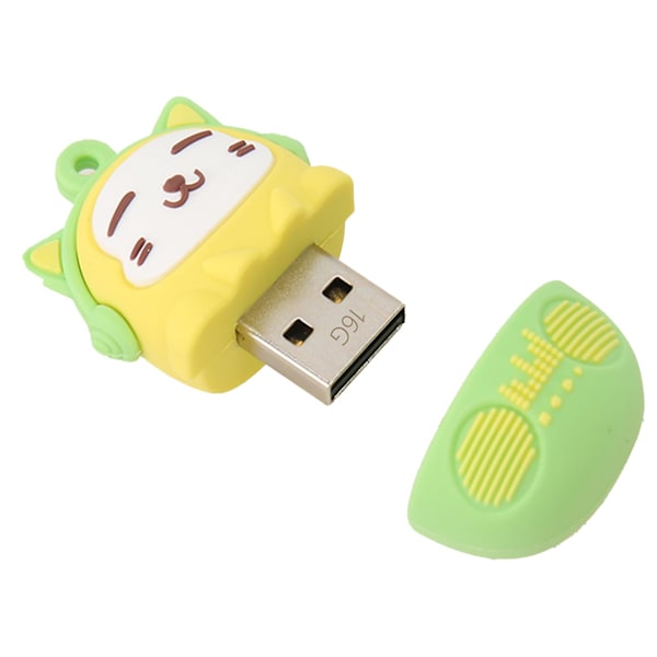 Tecknad USB-minne PVC USB2.0 Kattmönster Plug and Play Stöttålig U-disk för Telefon Laptop Gul Grön 16g