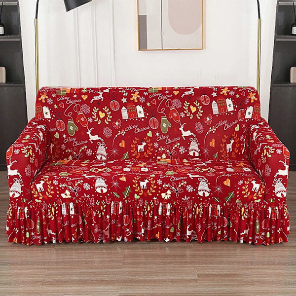 Rød Jule Sofa Betræk Slipcover med Elastisk Bund Julehjort Trykt Møbel Sofa Betræk