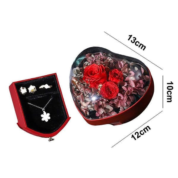 Hjärtformad Ros Evig Blomma Ringbox - Bröllopspresent Diamantring Smyckesförvaringsbox - Röd