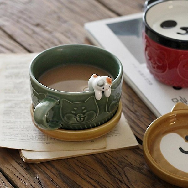 Japansk Sød Kop Kreativ Keramisk Shiba Inu Panda Kaffe Kop Med Låg Hjem Par Mælk Morgenmad C