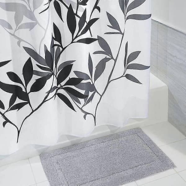 Bruseforhæng med blade, designer badeforhæng 180 cm x 180 cm i polyester, elegant badeforhæng med bladmønster, sort/grå