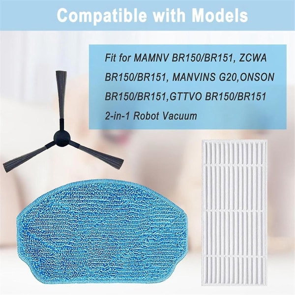 For Gttvo Br150/br151 Manvins G20, 2-i-1 Robotstøvsuger Mop Pads HEPA-filtre Sidebørste Reservedeler