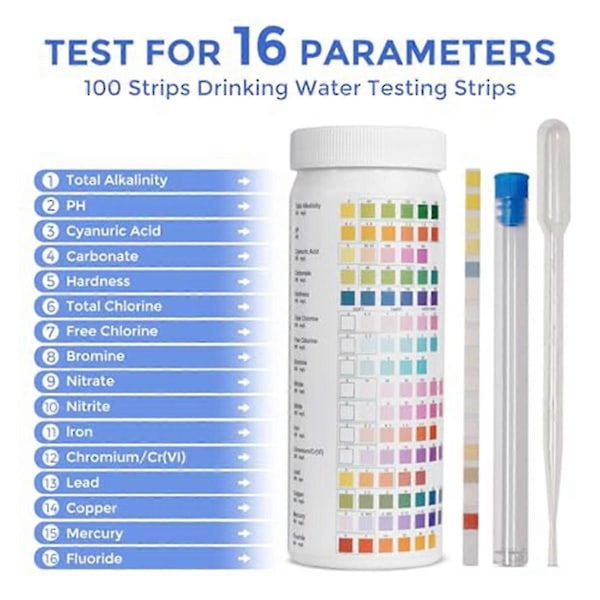 16-i-1 Vandteststrips, drikkevandstestkit, 100 strips hjemmevandkvalitetstestkit