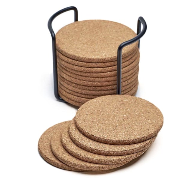 Natural Cork Coasters With Round 16pc Set With Metal Holder Storage Caddy  1/5inch Thick, Absorben