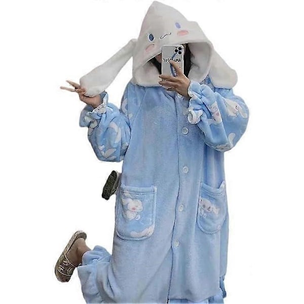 Pyjamas i ett stycke Kawaii Plysch Loungewear Dam Pyjamas Morgonrock Med Huva Söta Pyjamas Plysch Lång Pyjamas Gåva L