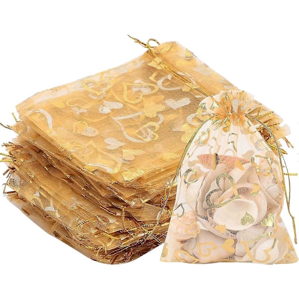 100 stk. Organza Gaveposer Guld Organza Snøreposer, Smykker Gavepose Slikposer, Organza Pose med Hjerte til Bryllup Fødselsdag Jul Halloween