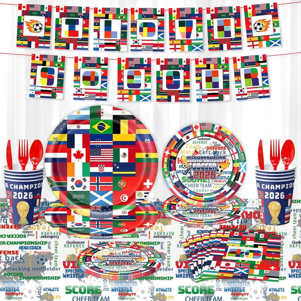 Fodboldmesterskab 2026 Verdensflag Festservice Sæt - 50 dele (7\"+9\" tallerkener, kopper, servietter)