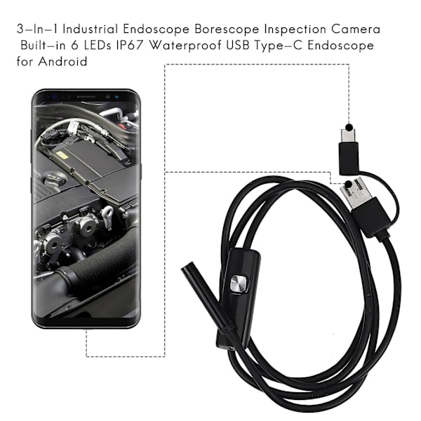 3-i-1 Inspektionskamera med boreskop, inbyggda 6 LED-lampor, IP67 vattentät, USB typ-C endoskop för Android