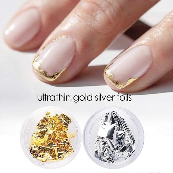 Nagelfolie Nagelkonst Flakes, 2 Lådor Guld och Silver Nagelkonst Folie Stickers Designer Nagelkonst Tillbehör Manikyr Tips Accessoarer Paillette Nagelfolie Gl