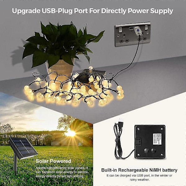 Solarslinga, 9M 50 LED Ljusslinga Utomhus och Inomhus 8 Lägen IP65 Vattentät, USB-slinga för Jul, Fest, Trädgård, Uteplats, Balkong