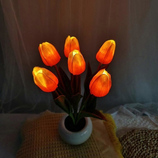 Tulipanlampe, Simulert Tulipannattlys for Stue Soverom med Vase, Bordlampe Ornamenter for Hjem Stue Dekor (Rosa)