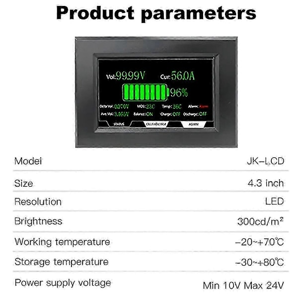Jkbms Lisätarvike 4,3 tuuman LCD-näyttö Sopii kaikkiin Jk Bms -malleihin Kaapeli 120 cm ja 4 kiinteää ruuvia Älykäs Jkbms-lisätarvike