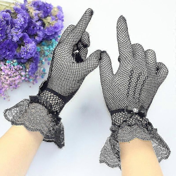 Brudhanskar Damer Fingerspetsar Handledshanskar Elastiska Bröllopsspetshandskar Tyll Party Kväll Bröllopshandskar Med Rosett För Vår Sommar Höst 1 Par Banmo