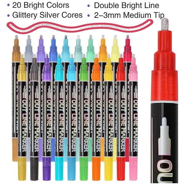 Shimmer Markers Doodle Outline blender: 20 farger Metallic Double Line Glitter Pen Sett Super Squigg