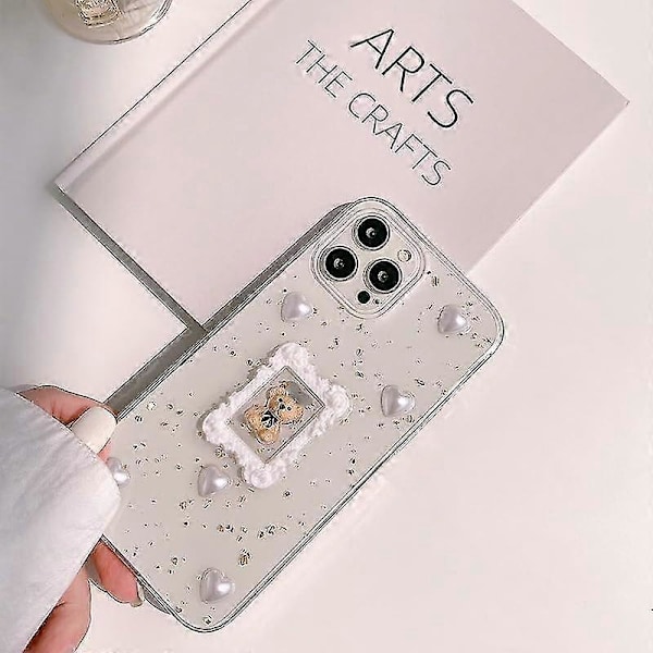 IPhone 13 -kuori, söpö karhu, 3D-kimallus, Y2k-glitteri, ylellinen, tyttömäinen, esteettinen, personoitu design naisille ja tytöille, läpinäkyvä epoksi-TPU-kuori