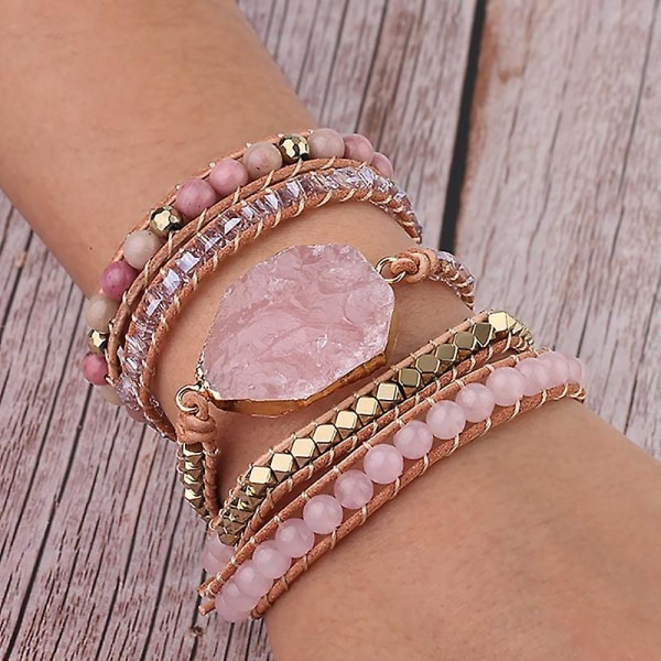 Naturstenarmband Rosa Kvarts Läder Wrap Armband För Kvinnor Ädelstenar Kristallpärlor Bohemia Smycke