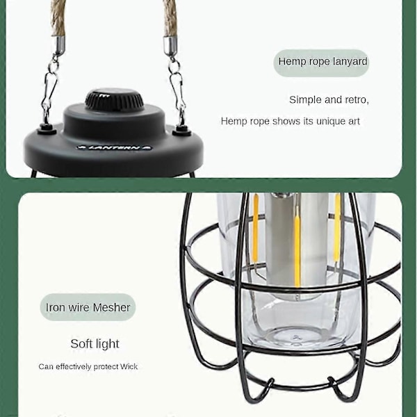 Campinglampe, Bærbar USB Oppladbar Retro LED Lanterne, Justerbar Lysstyrke, ABS Aluminium Legering Materiale, Ideell for Utendørs Eventyr og Hjemmebruk