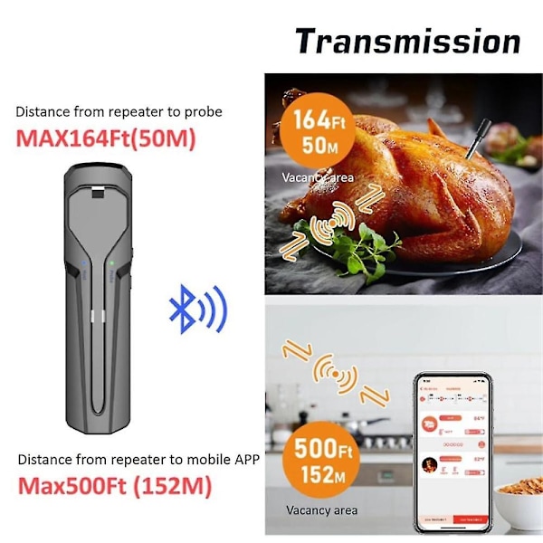 Trådløst mattermometer for matlaging, ovn, grill, BBQ, biff, kalkun, kjøkken, app, smart, digitalt Bluetooth-grilltermometer