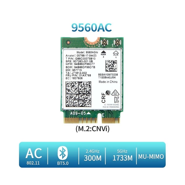 9560ngw Wifi-kort + antenne 1730 mbps Trådløs Ac 9560 Dobbelt bånd 2.4g + 5g Bt 5.0 802.11ac M.2 Cnvi 9560