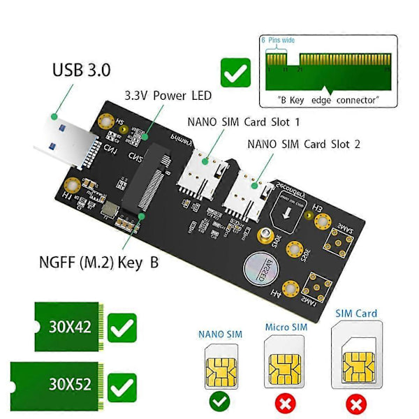 M.2 B Key til USB 3.0 Adapter med 2 Kortunderstøttelse til 3G/4G/5G Modul
