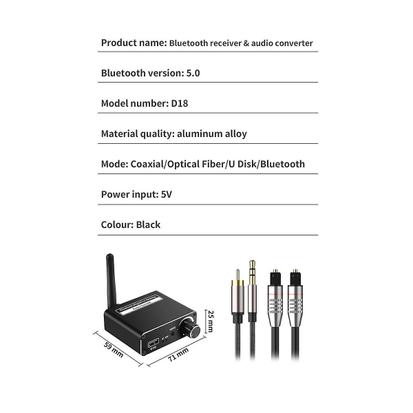 Langaton Bluetooth 5.0 Digitaalinen Analogiseen Dac-muunnin Kaukosäätimellä Koaksiaali 3.5mm Tuki Us