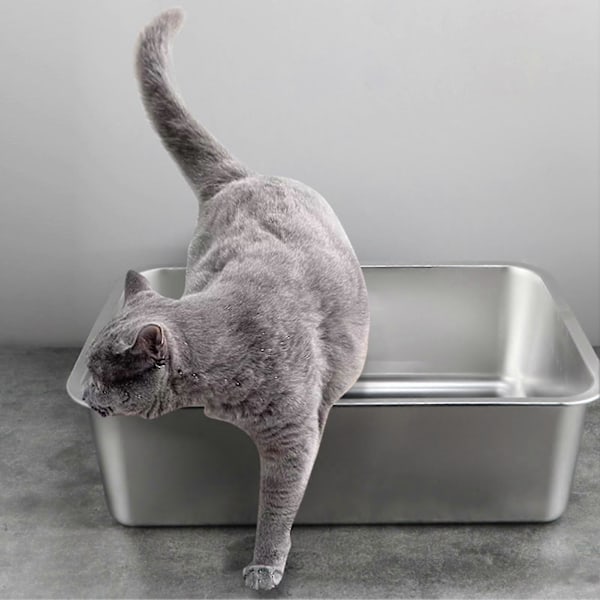 Rektangulär Kattlåda i Rostfritt Stål, Brottsäker, Låg Ingång, Öppen, Rymlig Metallåda, Tillbehör för Husdjur M 1