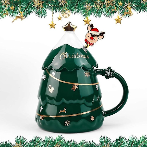 Julekaffekopp Julekeramikkkopp med Lokk og Rørestav 400ML Juletreform Kaffekopper Søte Julekopper for Festivaler